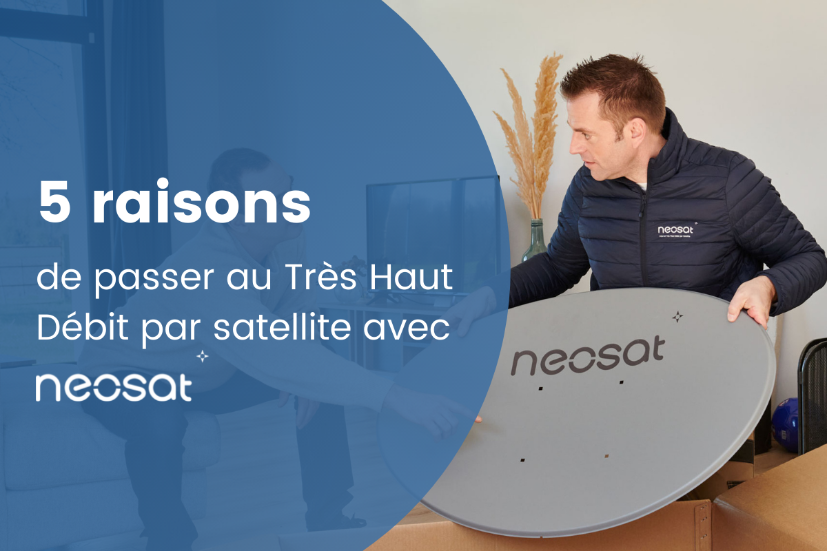 5 raisons de passer au très haut débit par satellite avec neosat : illustration d'un installateur qui déballe le matériel de connexion et sort la parabole de son carton