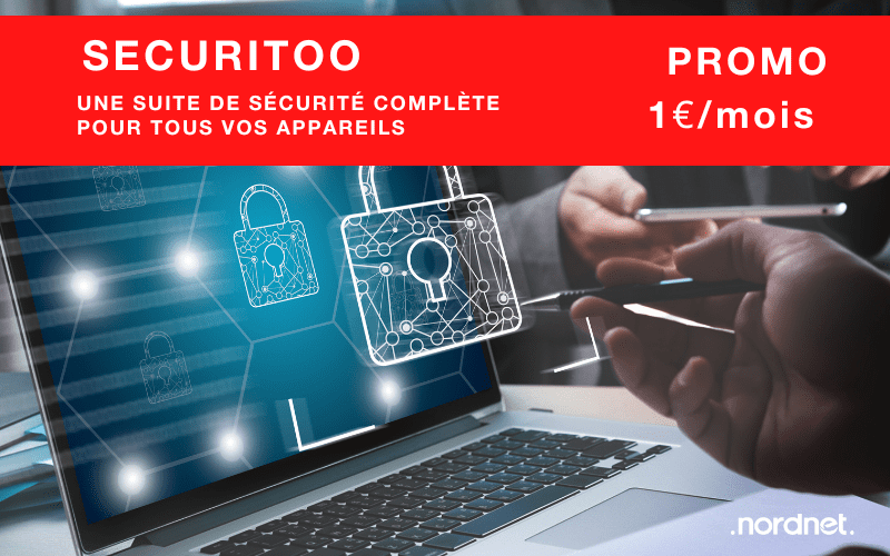 ordinateur portable et smartphone avec un cadena de protection des données. Un bandeau titre rouge au dessus "Securitoo : une suite de sécurité complète pour tous vos appareils - Promo 1€/mois"