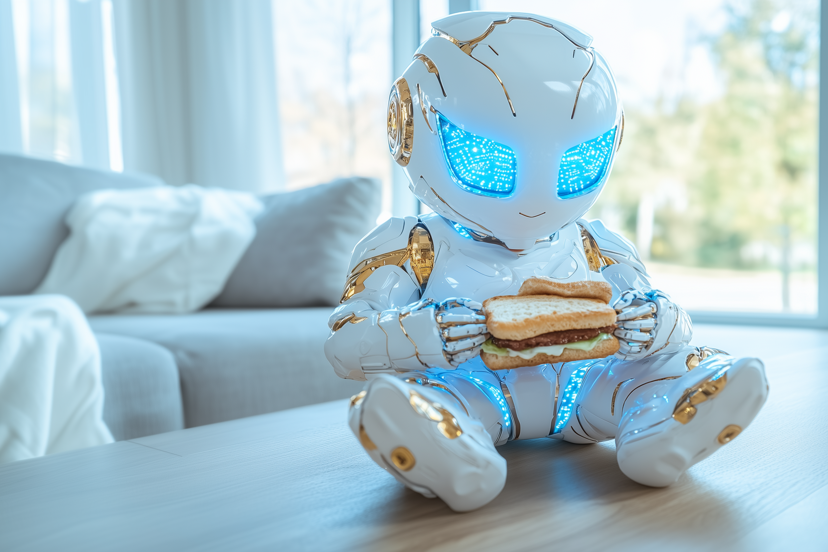 Métaphore de l'IA en train d'être "nourrie" ou "alimentée" de données pour apprendre et se perfectionner. 

Le visuel présente un robot anthropomorphe miniature, semblable à un enfant, heureux de manger un sandwich.