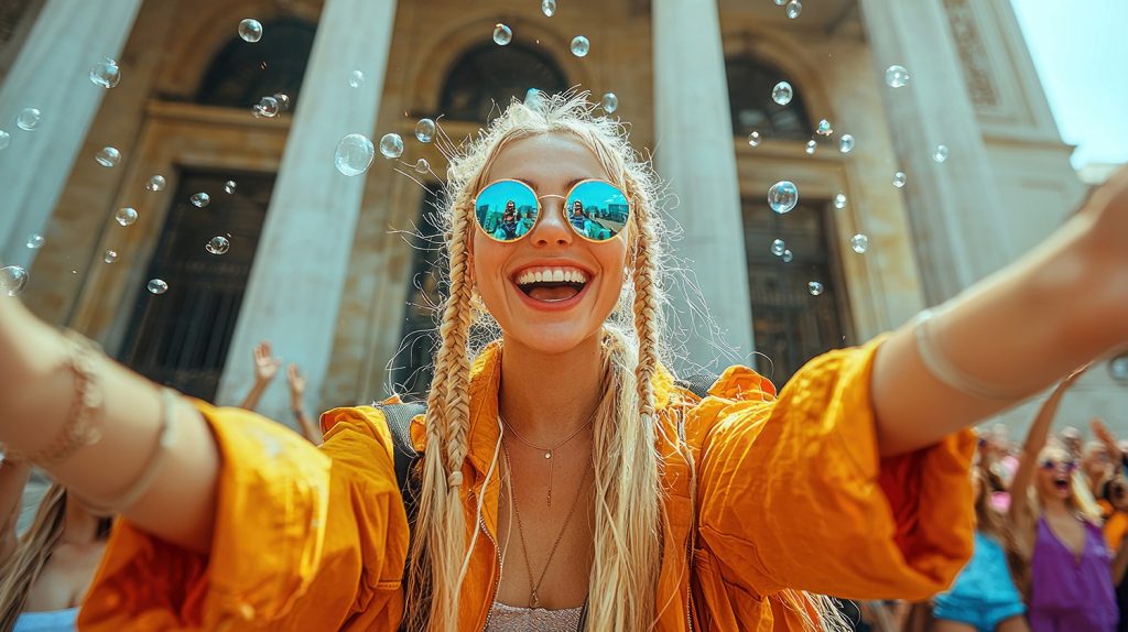 Jeune femme avec des lunettes de soleil se prenant en selfie dans la rue entourée de bulles de savon